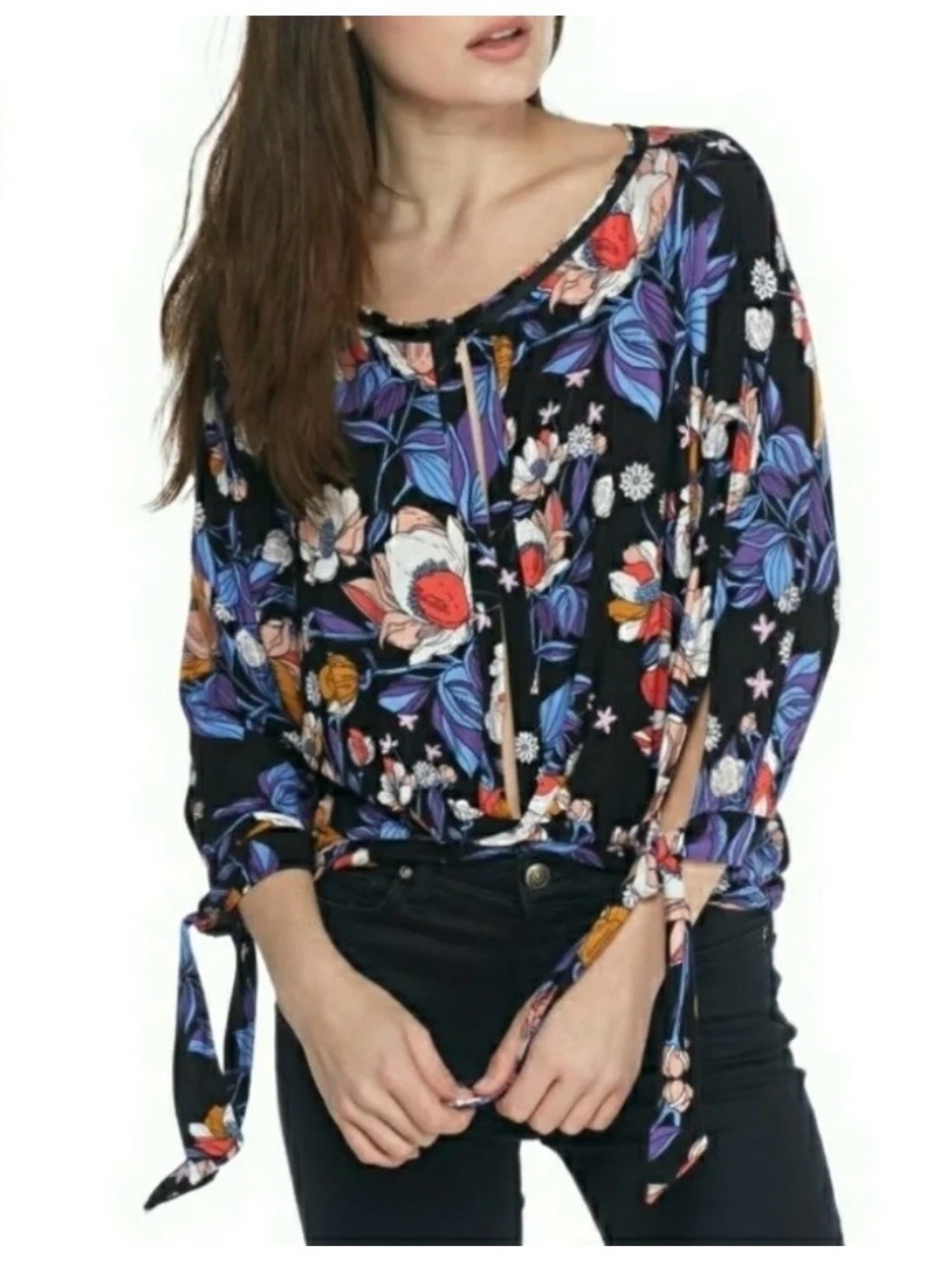 Free People Navy Blue Floral Blouse size L